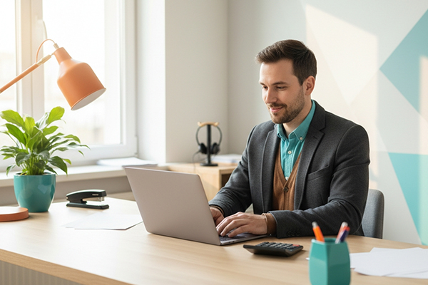 Mann sitzt am Laptop