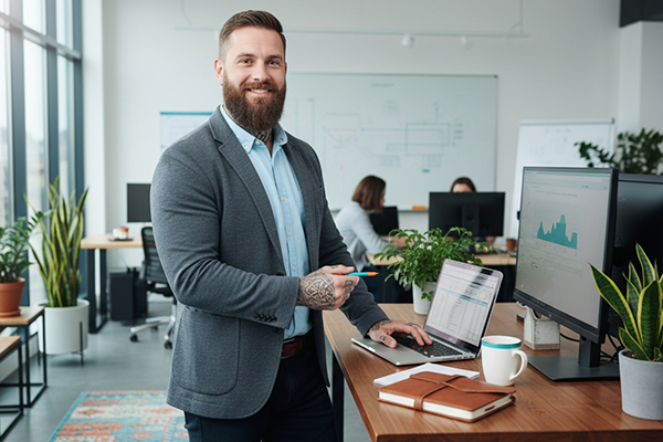 Gschäftsführer steht am Schreibtisch