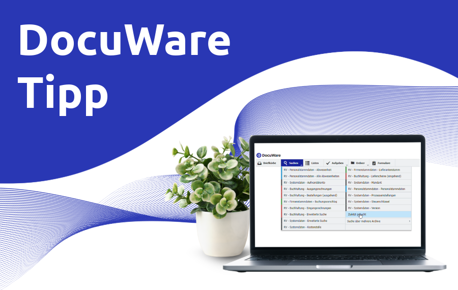 DocuWare Tipp mit einem Laptop und einer Suchanfrage.