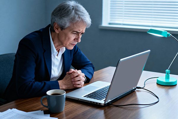 Frau guckt konzentriert in den Laptop