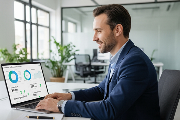 Mann am Laptop mit Dashboard
