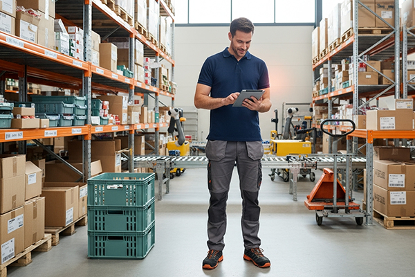 Mann im Lager mit Laptop in der Hand