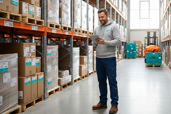 Mann im Lager steht vor Hochregal