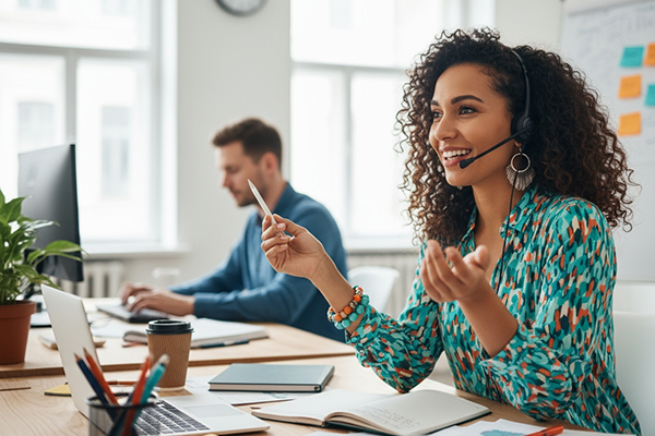 Frau mit Headset im Marketing telefoniert