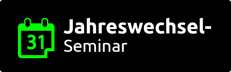 Headline Jahreswechselseminare mit Icon Kalender auf schwarzem Grund