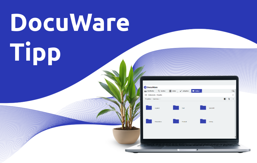 DocuWare Tipp mit einem Laptop und einer Ordnerstruktur.