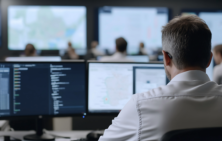 IT-Sicherheitsexperte überwacht Systeme im Security Operations Center (SOC) als Teil von Managed Detection and Response (MDR).