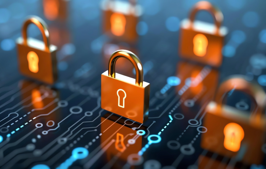 Mehrere orange Vorhängeschlösser auf digitaler Leiterplatte als Symbol für Cybersecurity, Datenschutz und Netzwerksicherheit.