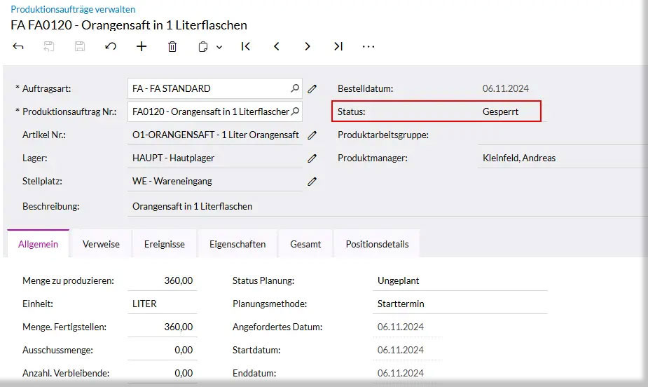 Verwaltung eines Produktionsauftrags für Orangensaft mit Status "Gesperrt"