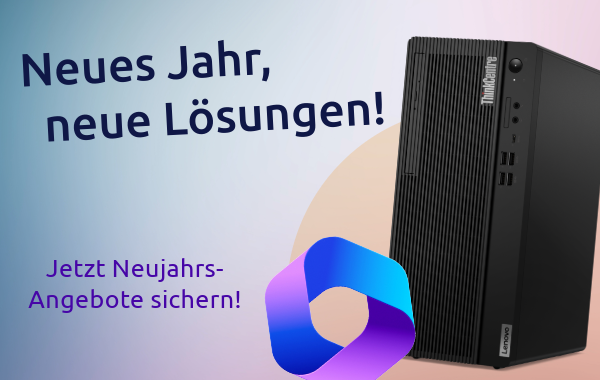 Desktop-PC und Microsoft 365 Logo mit Schriftzug "Neues Jahr, neue Lösungen!" und Info zu Neujahrsangeboten.