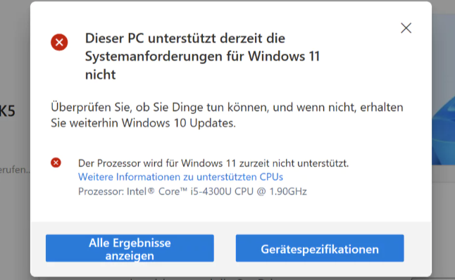 Screenshot Win11 PC nicht kompatibel