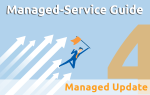 Illustrierter fliegender Geschäftsmann mit Fahne in der Hand .Aufschrift: Managed-Service Guide 4. Managed Update