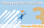 Illustrierter fliegender Geschäftsmann mit Fahne in der Hand .Aufschrift: Managed-Service Guide 3. Managed Backup