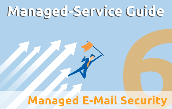 Managed Service, Managed E-Mail Security Illustration mit fliegendem Mann mit Fahne in der Hand, große 6