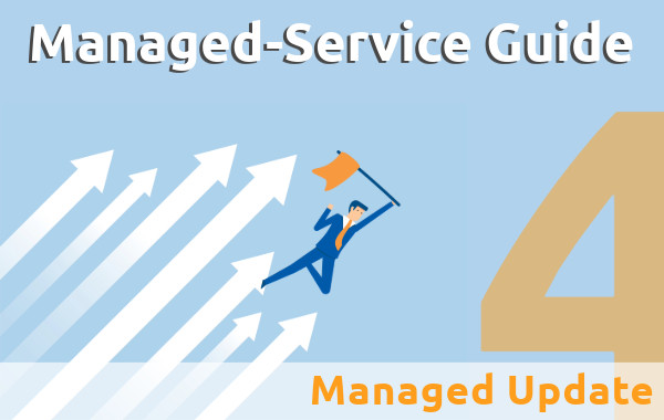 Illustrierter fliegender Geschäftsmann mit Fahne in der Hand .Aufschrift: Managed-Service Guide 4. Managed Update